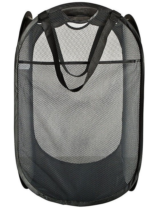 Mesh Pop Up Laundry Basket With Side Pocket (Black)