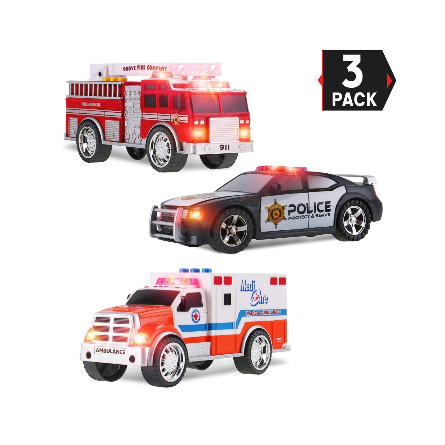 3-in-1 Emergency Vehicle Toy PlaySet For Kids (Fire Truck, Police Car, Ambulance)