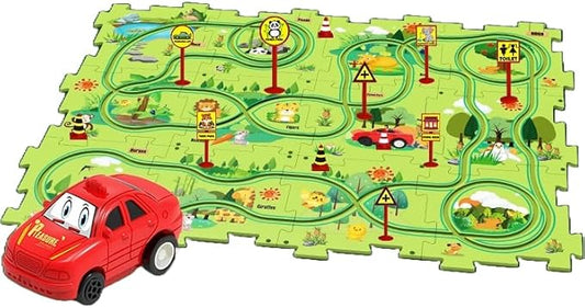 Puzzle Track Car Playset, 25 Pcs Puzzle Racer Kids Car Track Set, Toys for Boys 3-5, Floor Puzzle Adventure Track Set, Car Set for Boys 3-5 Toddler Toy Gift (Jungle Theme)