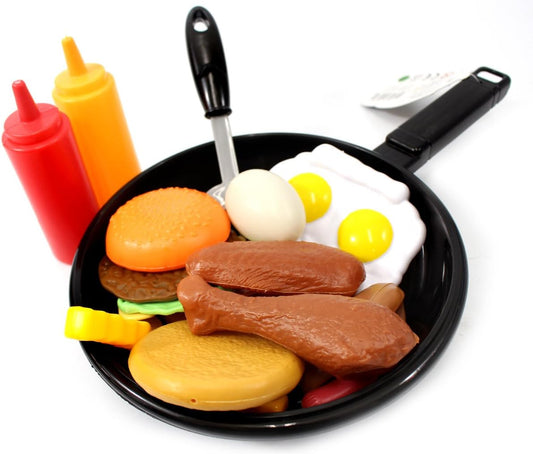 25 Pcs Play Food Kids Toy Set for Toddlers, Kitchen Cooking Toy Fast Food Pretend Play Toy Grill Set with Pan, Spatula & Sauce Bottles