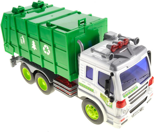 PowerTRC Garbage Truck Toy Trash Truck, Friction Powered Toddlers Garbage Truck Toy Recycling Truck with Light and Sound (Green)