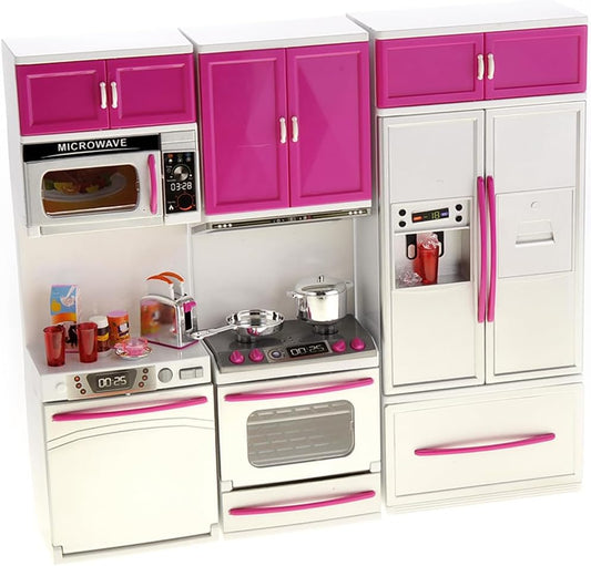Doll Kitchen Playset, Mini Modern Kitchen Toys Pretend Play Furnitures Toy Sets Accessories Set with Realistic Light & Sound for Kids Toddlers Girls