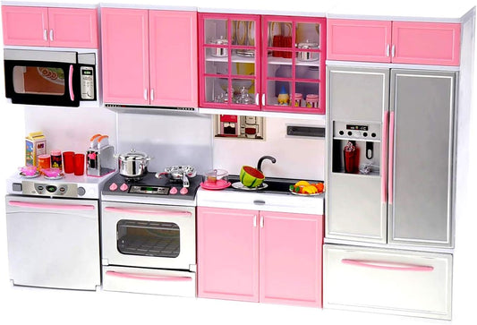 Kitchen Play Set, Mini Modern Toy Pink Kitchen Pretend Play Furnitures Toy Set Accessories Set with Realistic Light & Sound for Kids Toddlers Girls (4-in-1)