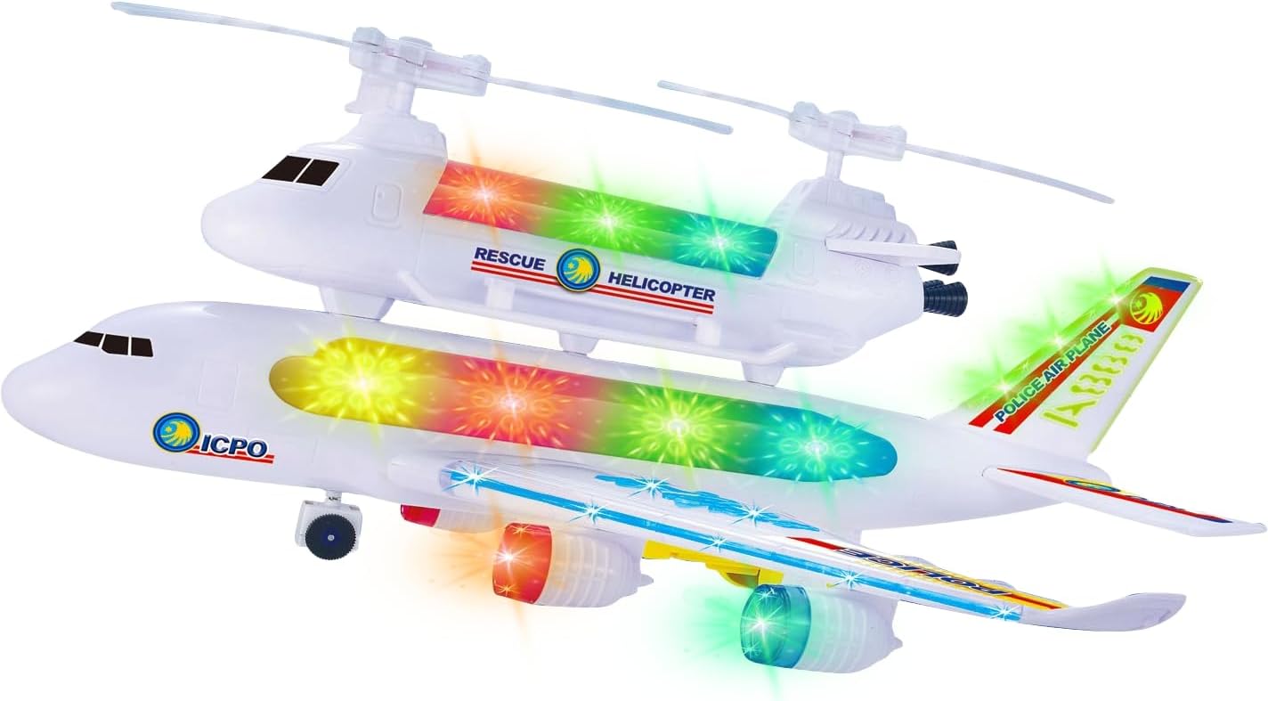 PowerTRC Bump and Go Toy Airplane for Kids with Attachable Rescue Helicopter, Has Flashing 4D Lights and Sound | Police Airplane Model | Self Driving with The Bump and Go Technology