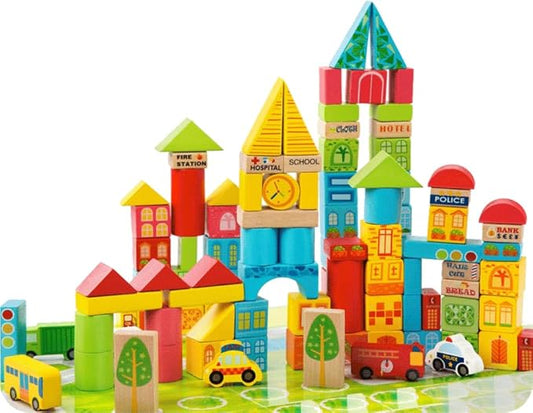 PowerTRC Wooden City & Transportation Colorful Building Blocks for Boys & Girls | Toddler Construction Stacking Toy Set with Storage Container (100 Pieces)