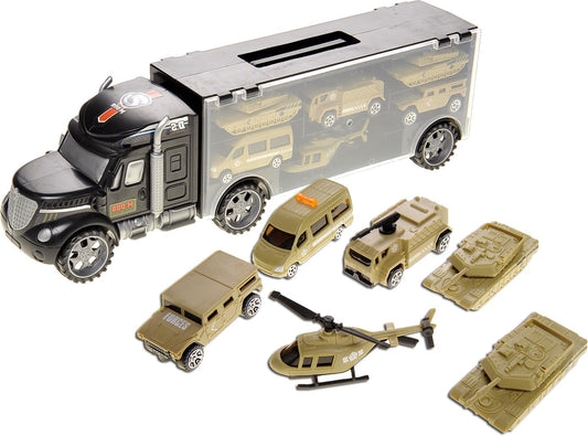 7 in 1 Military Truck Army Vehicle Models Car Toys, Mini Battle Army Toy, Tank, Humvee, Helicopter Playset Gift for Kids Military Toy Carrier for Kids Boys Ages 3 4 5 6 7+