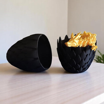 PowerTRC  3D Printed Dragon Egg with Dragon - Black Egg with Gold Dragon - Large Flexible Fidget 3D Printed Toy, Gift Bag Filler, Desk Decoration, Party Favor, Easter Basket Stuffers (12 Inch Dragon)