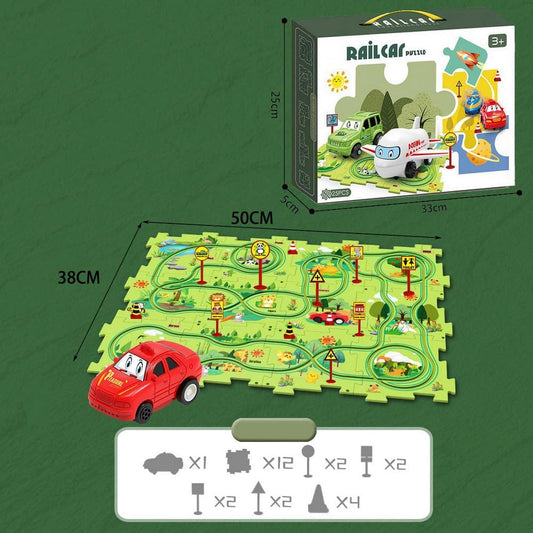 Puzzle Track Car Playset, 25 Pcs Puzzle Racer Kids Car Track Set, Toys for Boys 3-5, Floor Puzzle Adventure Track Set, Car Set for Boys 3-5 Toddler Toy Gift (Jungle Theme)