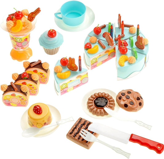 75 Pcs DIY Birthday Cake Food Cutting Kitchen Toy Set | Pretend Party Role Play Sweet Tea Party Set Gift with Cake, Ice Cream, Biscuit, Removable Candles & Stickers for Kids (Blue)