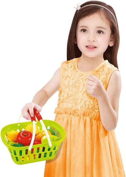 Kitchen Cutting Food Playset for Kids | Includes Vegetables, Fruits, Cooking & Eating Utensils | Comes with Portable Storage Basket