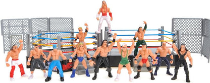 32 Pieces Wrestling Toys, Wrestler Play Set with 2 Wrestle Rings (Hexagon & Square), 12 Wrestlers, 18 Accessories, Toy Figures Cake Topper Birthday Party Decoration Gift Toy for Kids