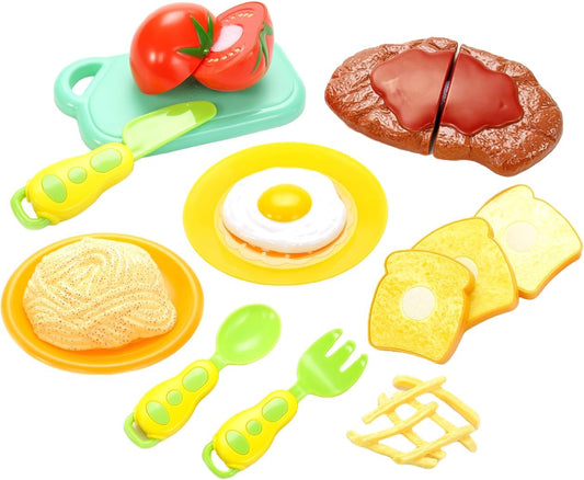 16 Pcs 12 Items Kitchen Cutting Play Food Steak & Toast Toy for Kids | Pretend Cooking Fast Food Breakfast Play Set | Educational & Imaginative Birthday Gift for Toddlers & Baby, Boys & Girls