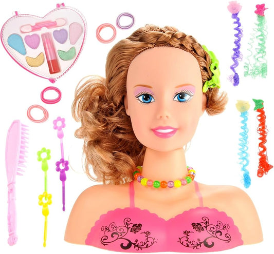 Makeup Doll Head for Hair Styling Kids Toy Kit - Washable Cosmetic Pretend Play Set with Fashion Accessories, Make up Doll for Girls Hair Dresser