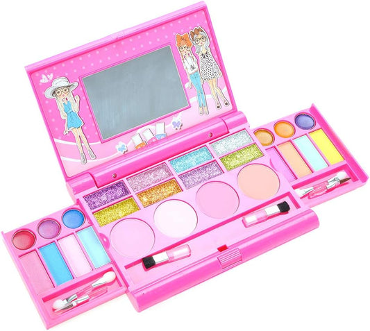PowerTRC Washable Makeup Pretend Play Set for Kids | Fold-Out Cosmetic Kit with Mirror | Safe, Non-Toxic Toy Makeup Palette for Girls