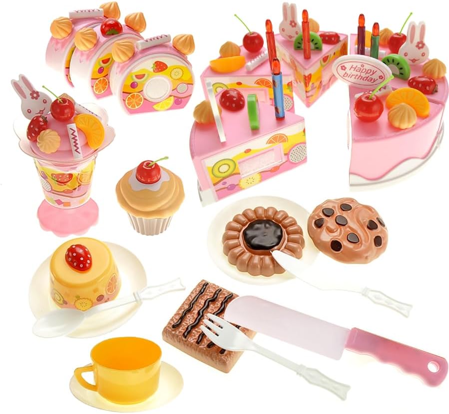 75 Pcs DIY Birthday Cake Food Cutting Kitchen Toy Set | Pretend Party Role Play Sweet Tea Party Set Gift with Cake, Ice Cream, Biscuit, Removable Candles & Stickers for Kids (Blue)