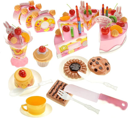 75 Pcs DIY Birthday Cake Food Cutting Kitchen Toy Set | Pretend Party Role Play Sweet Tea Party Set Gift with Cake, Ice Cream, Biscuit, Removable Candles & Stickers for Kids (Blue)