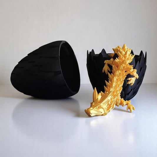 PowerTRC  3D Printed Dragon Egg with Dragon - Black Egg with Gold Dragon - Large Flexible Fidget 3D Printed Toy, Gift Bag Filler, Desk Decoration, Party Favor, Easter Basket Stuffers (12 Inch Dragon)
