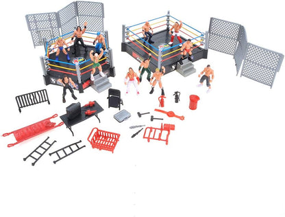 32 Pieces Wrestling Toys, Wrestler Play Set with 2 Wrestle Rings (Hexagon & Square), 12 Wrestlers, 18 Accessories, Toy Figures Cake Topper Birthday Party Decoration Gift Toy for Kids