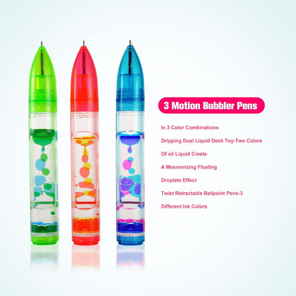 Liquid Motion Bubbler Pens Toy, Liquid Timer Pen with Retractable Ball Point Pen, Colorful Anxiety Stress Relief Calming Relaxing Writing Cool Fidget Toys for Kids & Adults (Red, Blue, Green)