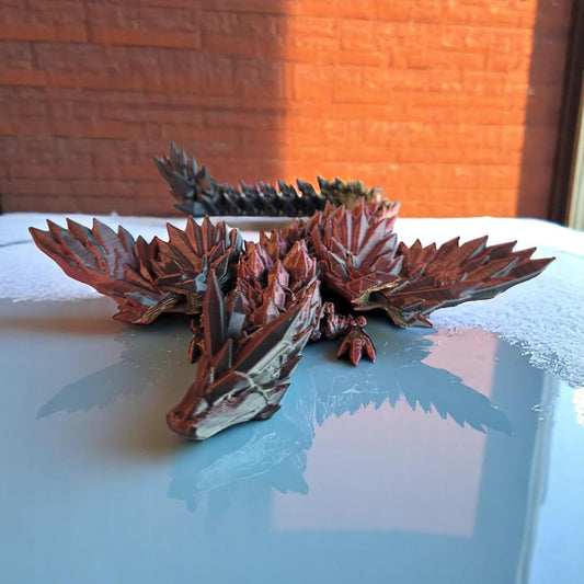 PowerTRC Flexible 9 Inch 3D Printed Crystal Dragon with Wings (Tri-Color Black Red Gold) – Collapsible Wing Toy, Gift Bag Filler, Desk Decoration, Party Favor