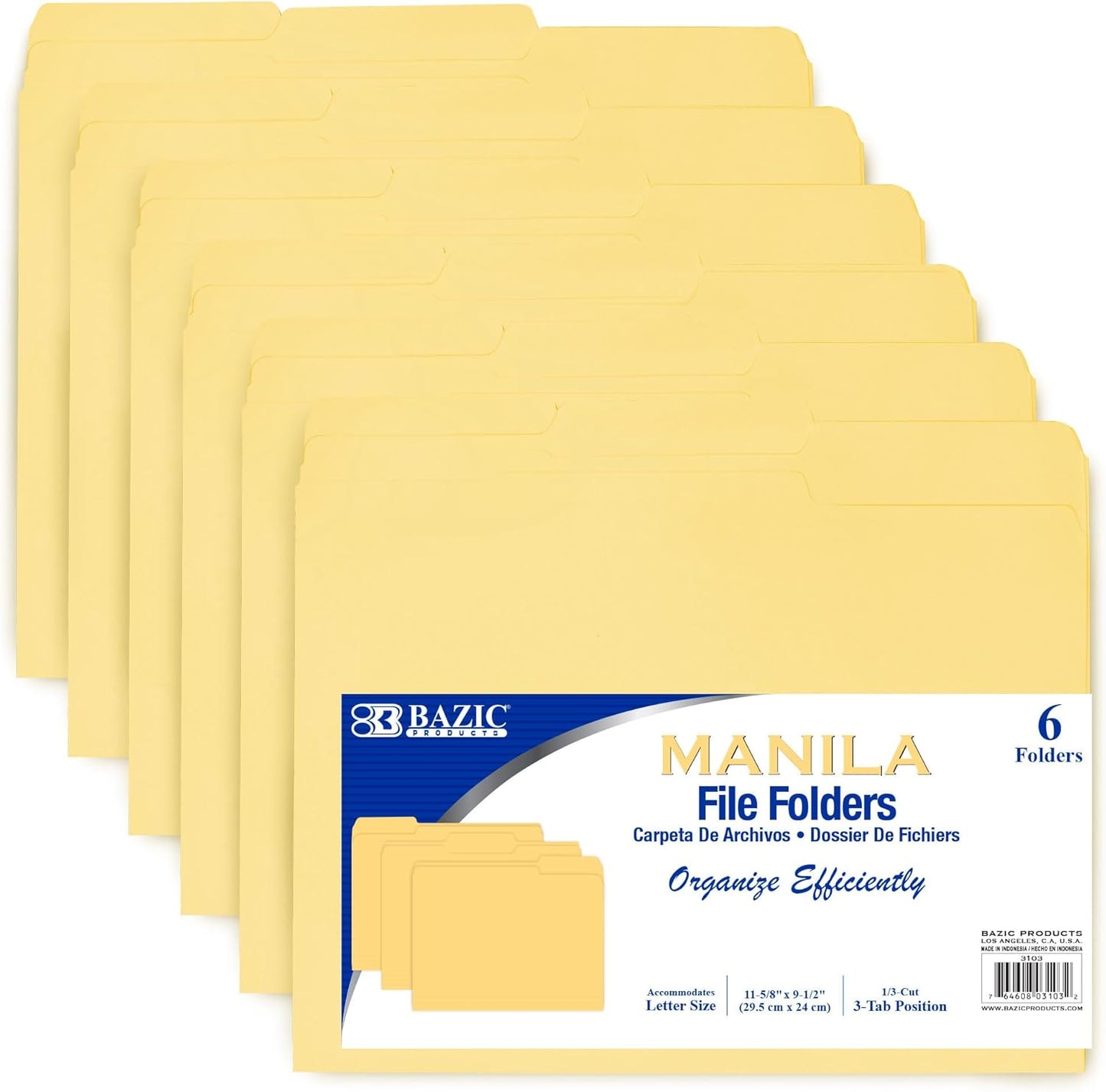 Manila File Folder 1/3 Cut Letter Size, Left Right Center Tabs Positions, for Organizing Filing Document Storage, Total 6-Count