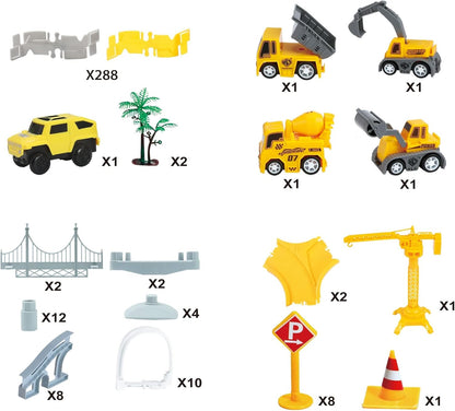 Construction Car Race Track for Kids, Construction TrucksWith Flexible Race Track Playset, Design Your Own Creative Track, 345 Piece Set, Road Engineering Gift for 3 4 5 6 7 8 Boys Girls