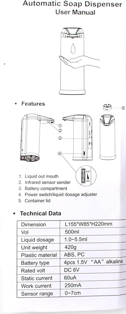 Automatic Touchless Soap Dispenser, 500ml Battery Operated Dish Soap Dispenser with Dispensing Volume Control, Ideal Soap Dispenser for Kitchen Sink, Hand Soap Dispenser, Bathroom, Chrome
