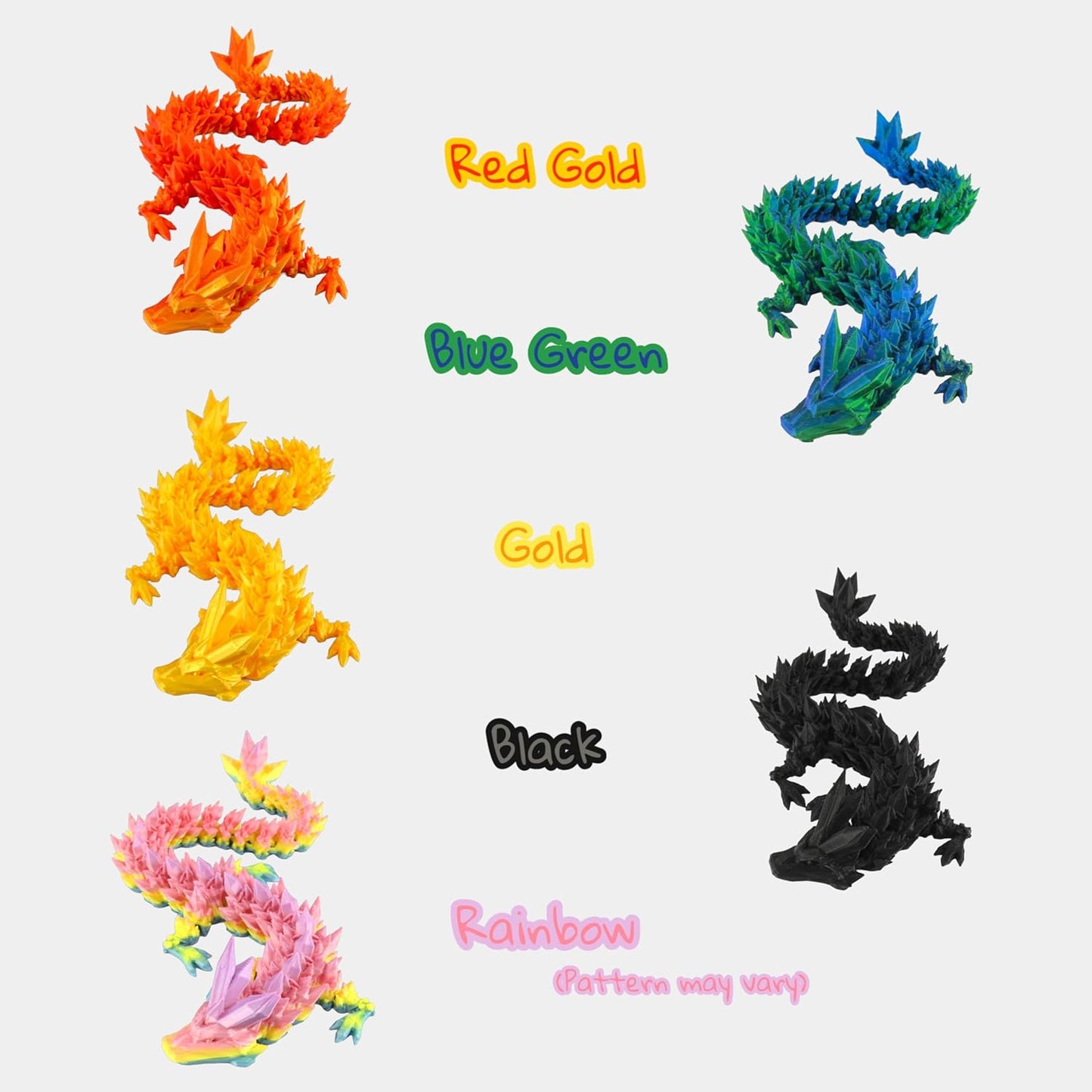 PowerTRC 10Pcs 3D Printed Crystal Dragons – Flexible 12 Inch 3D Printed Toy Dragon, Great for Gift Bags, Desk Decor, Party Favors, Perfect Basket Essentials Stuffers