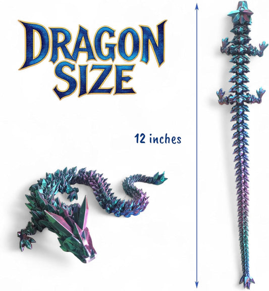 PowerTRC 3D Printed Dragon (Tri-Color Red Green Blue) - Flexible Fidget 3D Printed Crystal Dragon Toy, Gift Bag Filler, Desk Decoration, Party Favor, Easter Basket Stuffers (12 Inch Dragon)