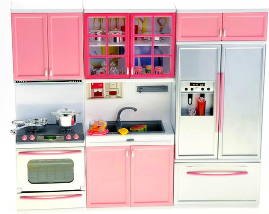 Doll Kitchen Play Set, Mini Modern Toy Pink Kitchen Pretend Play Furnitures Toy Set Accessories Set with Realistic Light & Sound for Kids Toddlers Girls (3-in-1)