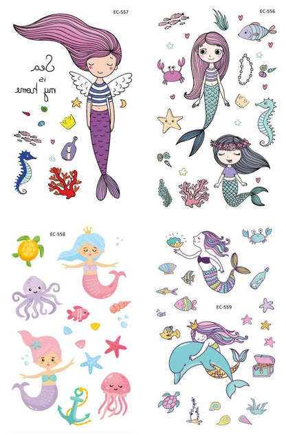 PowerTRC Temporary Tattoos Mermaid Cartoon For Kids, 12 Sheets Set, With 4 Unique Sheet Styles, Easy To Apply And Remove Fake Tattoos, Birthday Party Supplies, Ocean Theme For Boys And Girls