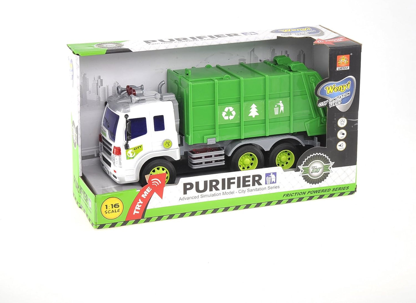 PowerTRC Garbage Truck Toy Trash Truck, Friction Powered Toddlers Garbage Truck Toy Recycling Truck with Light and Sound (Green)