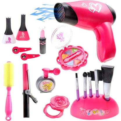 Dress Up Make Up Salon Beauty Play Set | Realistic Pretend Play Set | Fashion Kit for Girls | Hair Dryer, Makeup Set, Brushes & Accessories
