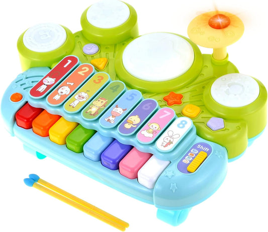 3 in 1 Musical Instrument Toy for Baby & Toddler, Electronic Piano Keyboard with Xylophone and Drum Set, Learning Toy with Lights and Sound, Educational Montessori Toys for Babies