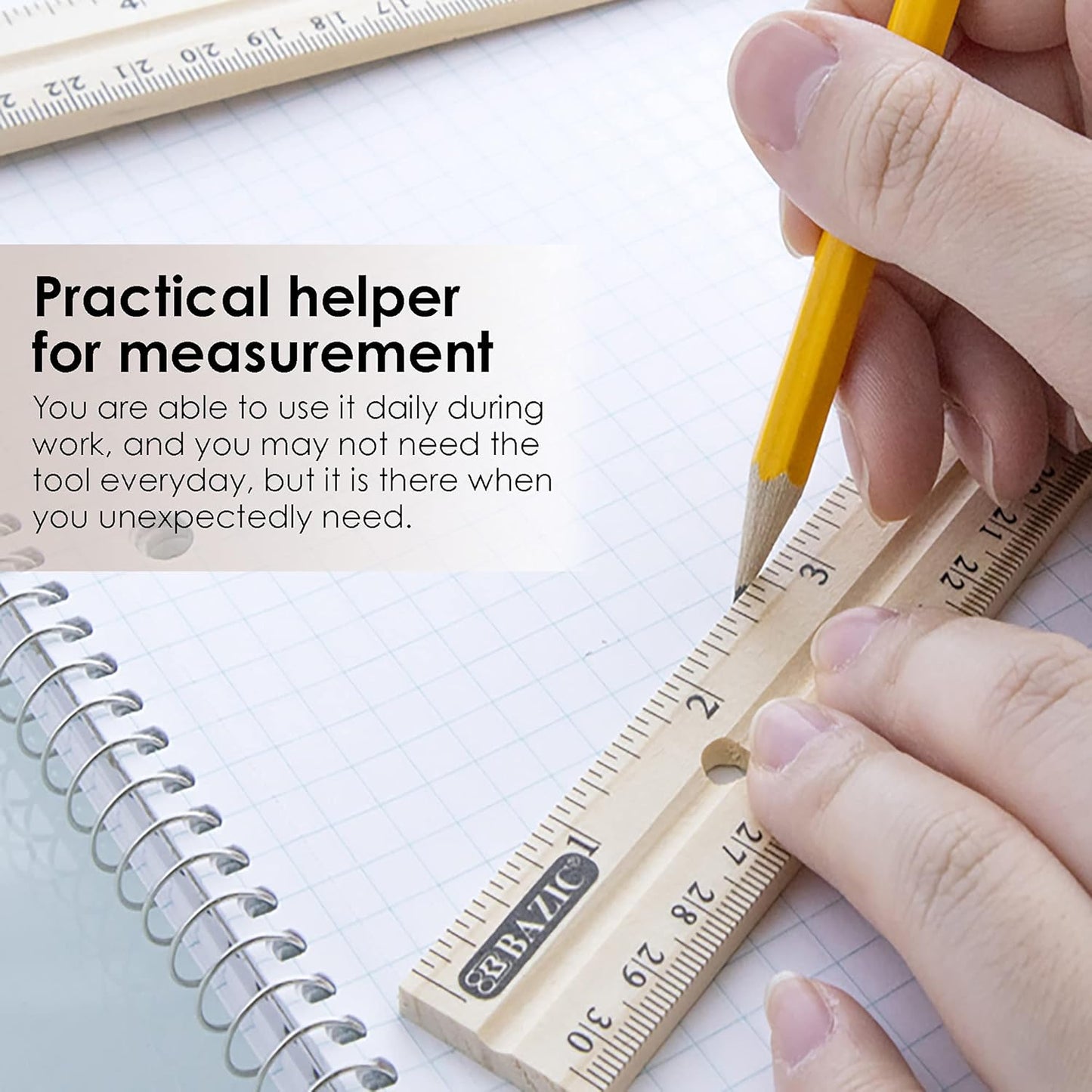Wooden Ruler 12" (30cm), Singel Metal Edge, Inches Centimeter Metric Measuring Drafting Rulers, for Students School Supplies (3/Pack), 1-Pack