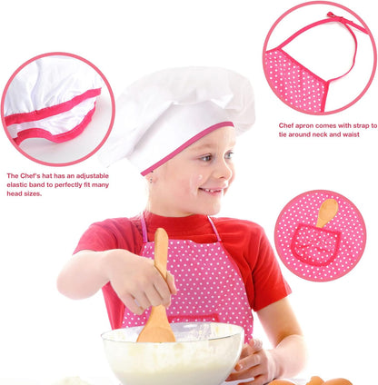 Toddler Cooking Apron for Girls, Cooking and Baking Set for Little Girls, Toddler Chef Outfit Chef Costume Kids Chef Hat and Apron 3-5 Pretend Play
