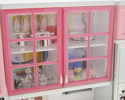 Doll Kitchen Play Set, Mini Modern Toy Pink Kitchen Pretend Play Furnitures Toy Set Accessories Set with Realistic Light & Sound for Kids Toddlers Girls (3-in-1)