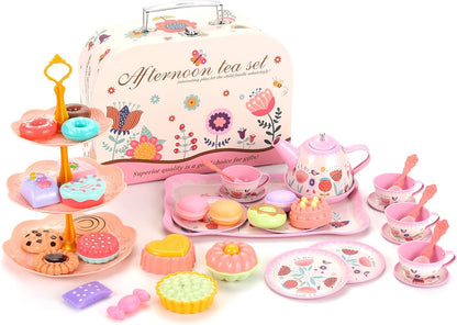 PowerTRC Tea Set for Little Girls, 48 Pcs Princess Tea Party Set for Toddlers 3 4 5 6 7 8 Years Old Girl Pretend Toys Birthday Gift with Tin Tea Set, Utensils, Desserts & Carrying Case