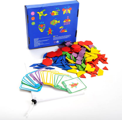 PowerTRC Wooden Pattern Block Toys for Kids | Colorful and Fun Shaped Learning Blocks | Educational Puzzle Set for Children Ages 3 and Up | 155 Pieces