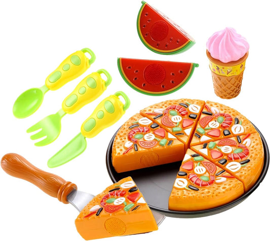 Cutting Play Food for Toddler Kids Toy Kitchen, Pizza Toy Set Pretend Cooking Fast Food Playset Educational Toy for Ages 3+ Years