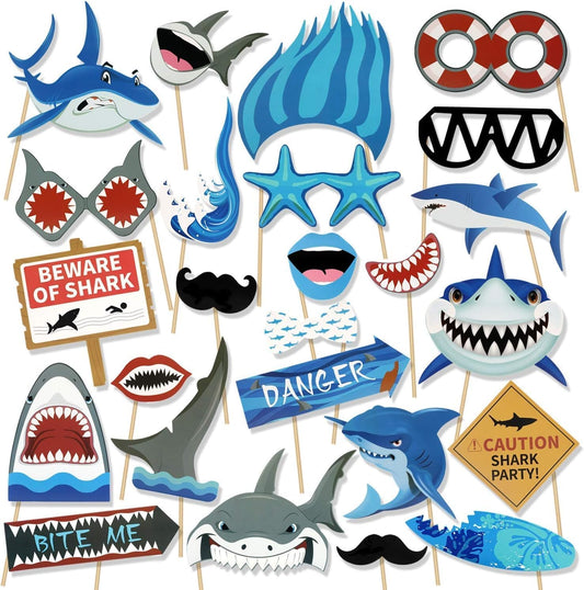 Photo Booth Props | Ocean Shark Themed Photo Booth Party Props | Birthday Party Supply Props for Photos and Decoration | 25 Piece Variety Props