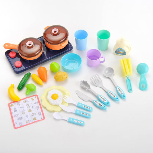 Pretend Kitchen Sink Play Set with Cooking Stove, Pots and Pans, Dishes and Cutting Food | Comes with Realistic Water Circulation and Spray | Lights and Sound (2 Sets)