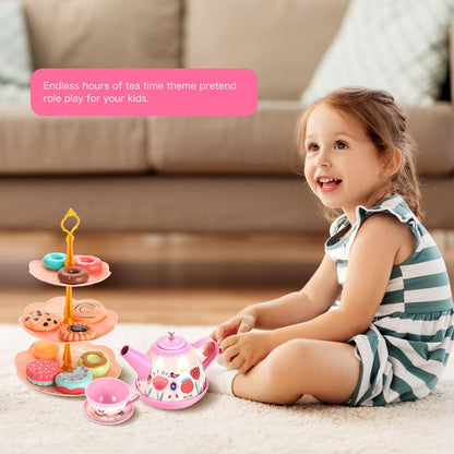 PowerTRC Tea Set for Little Girls, 48 Pcs Princess Tea Party Set for Toddlers 3 4 5 6 7 8 Years Old Girl Pretend Toys Birthday Gift with Tin Tea Set, Utensils, Desserts & Carrying Case