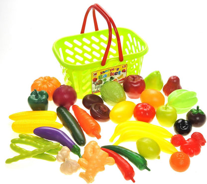 Fruits and Vegetables Shopping Basket Grocery for Kids Girls Boys (Educational Early Age Basic Skills Development Play Food Set)