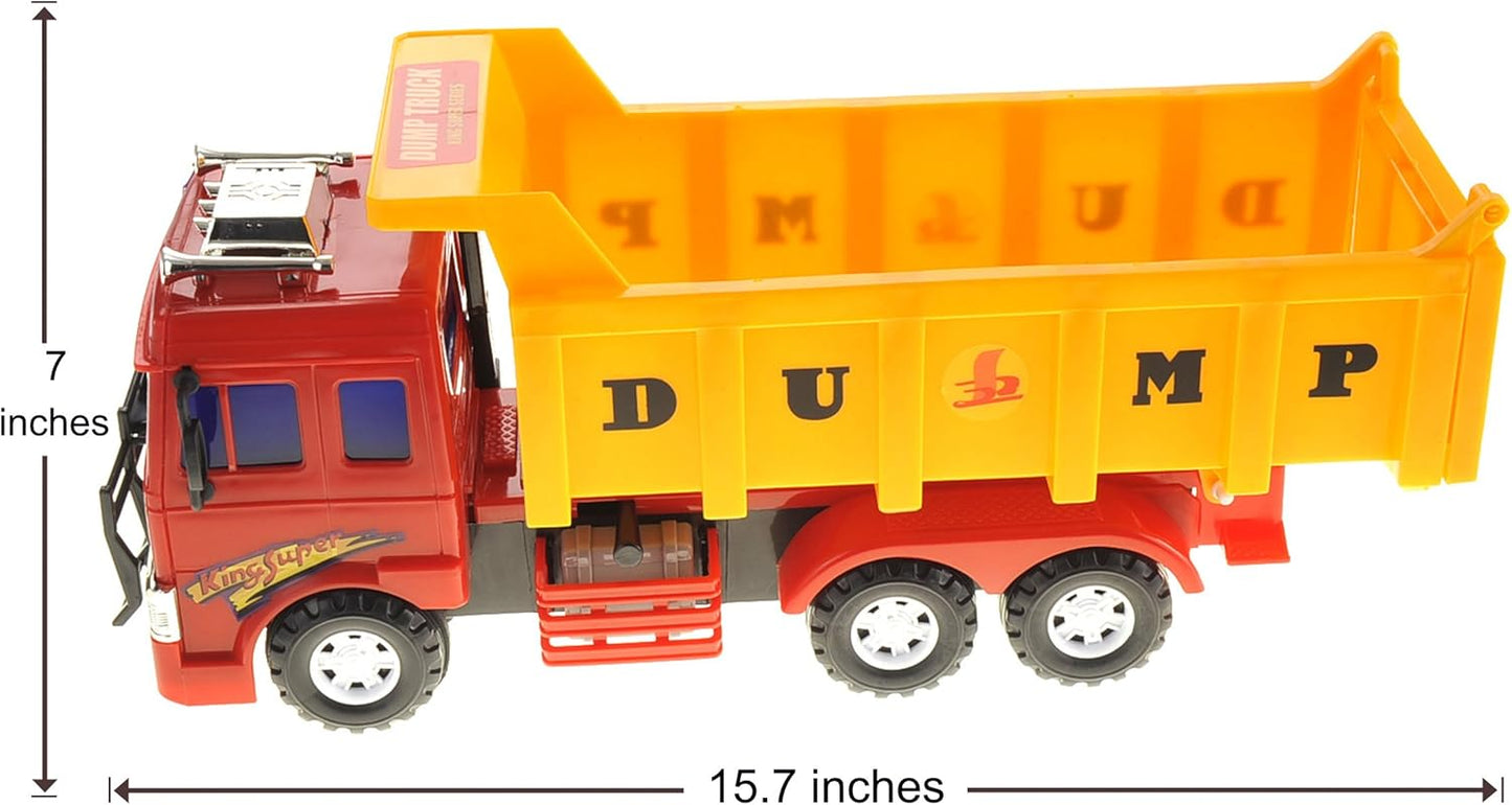 PowerTRC 15" Push & Go Dump Truck Toy | Realistic Friction Powered Dump Construction Truck for Kids Ages 3 Up