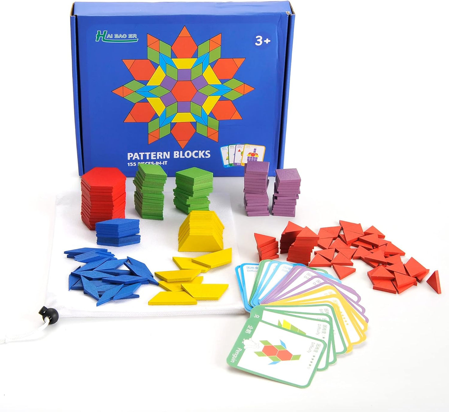 PowerTRC Wooden Pattern Block Toys for Kids | Colorful and Fun Shaped Learning Blocks | Educational Puzzle Set for Children Ages 3 and Up | 155 Pieces