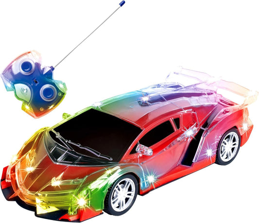 PowerTRC Light Up RC Sports Car with Flashing LED Light, Colorful Design with Full Driving Functions, Remote Control Toy for Kids Ages 4 5 6 7 8
