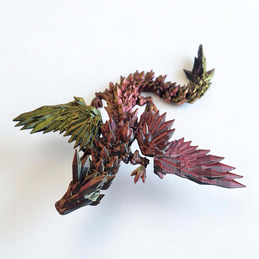 PowerTRC Flexible 9 Inch 3D Printed Crystal Dragon with Wings (Tri-Color Black Red Gold) – Collapsible Wing Toy, Gift Bag Filler, Desk Decoration, Party Favor