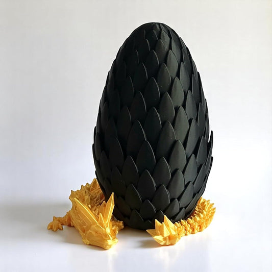 PowerTRC  3D Printed Dragon Egg with Dragon - Black Egg with Gold Dragon - Large Flexible Fidget 3D Printed Toy, Gift Bag Filler, Desk Decoration, Party Favor, Easter Basket Stuffers (12 Inch Dragon)