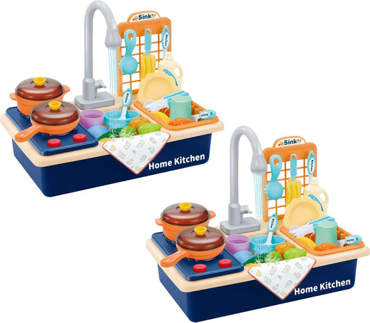 Pretend Kitchen Sink Play Set with Cooking Stove, Pots and Pans, Dishes and Cutting Food | Comes with Realistic Water Circulation and Spray | Lights and Sound (2 Sets)